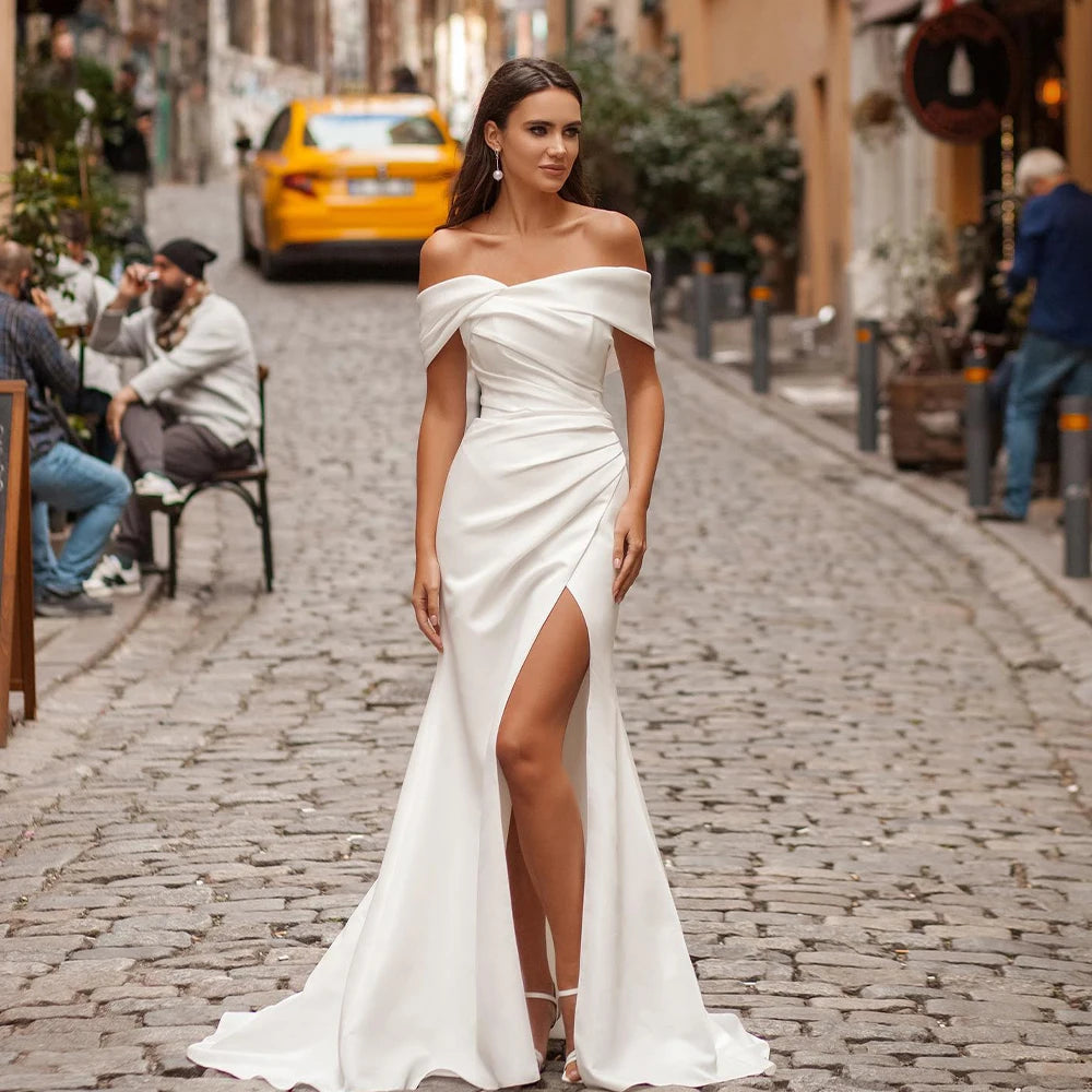Abiti da sposa eleganti con spalle scoperte in raso tubino/sirena con spacco laterale strascico staccabile formale da sposa cresciuto 2025 Rode De