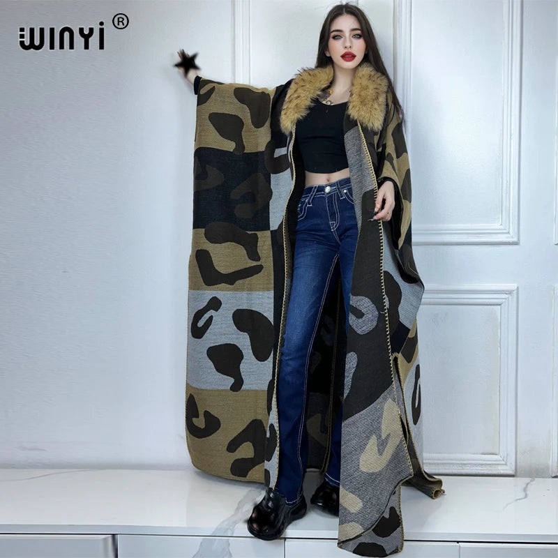 WINYI Africa Collo in pelliccia artificiale Cardigan invernale maxi kimono vestito da festa abaya dubai luxur abiti invernali per donna piumino