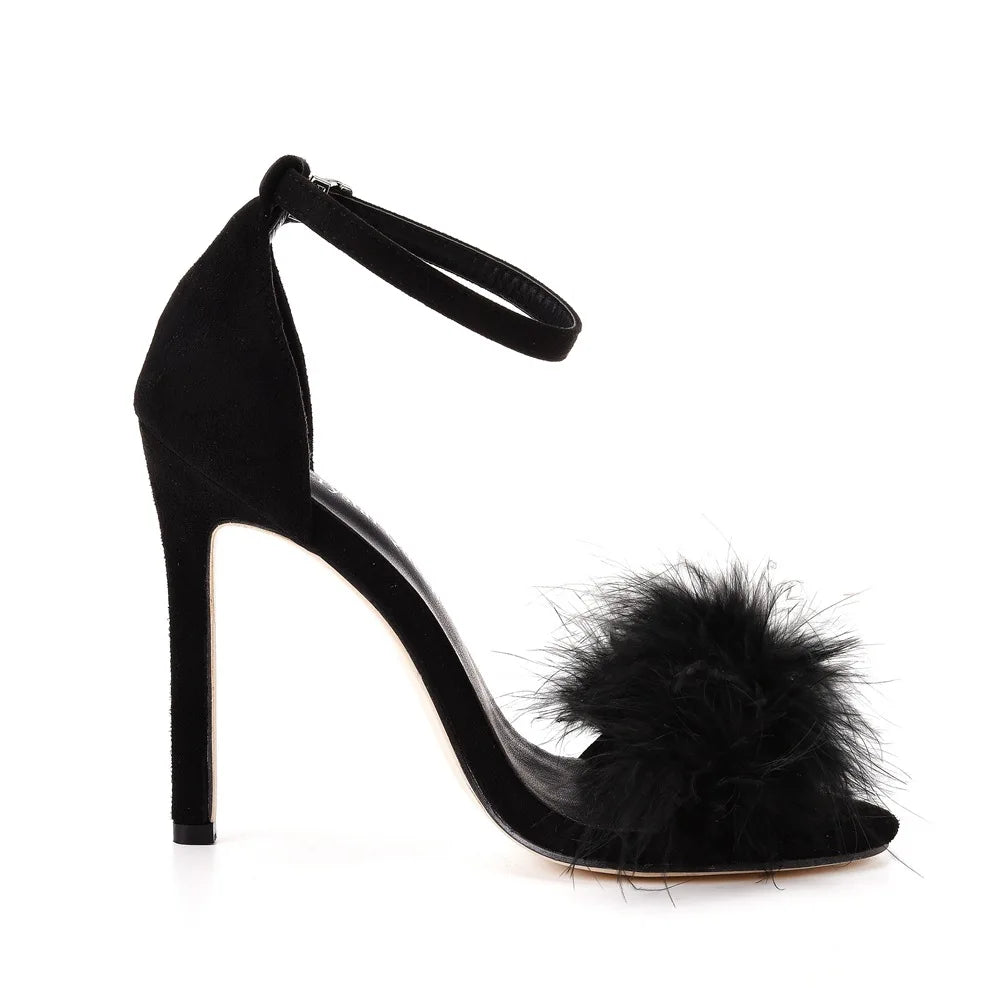 Sexy Feather High Heel Sandals Women's European  American Large 46 Fish Mouth High Heel Sandals Women Shallow Mouth Women's Shoe