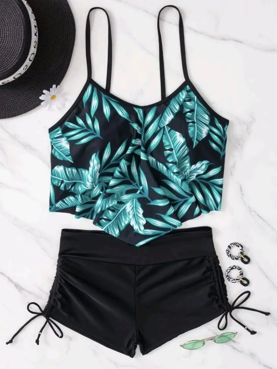 2025 Neuer sexy Bademode, hoher Bund, zweiteiliger Bikini mit Blattprint, Badeanzug, enger Sling-Strandmode, Sommer-Damen-Badeanzug für den Strand