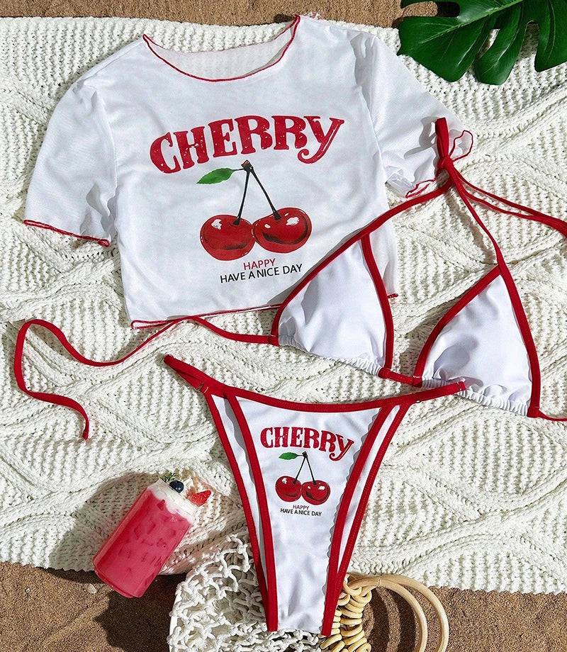 Sexy Thong Bikini 2026 Women Cherry Print Bikinis Short Sleeve Three-pieces Split Bathing Suit Summer Lace Up Swimsuit Beachwear