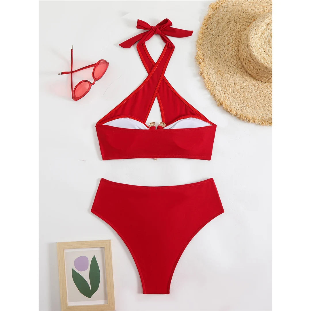 Bikini a vita alta con cut-out e allacciatura al collo da donna 2026 - Set due pezzi imbottito V6256