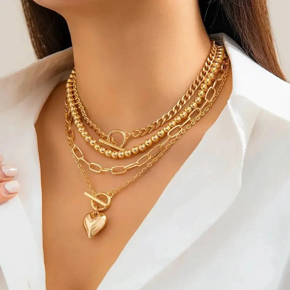 4 Pz/set Punk Color Oro Collana con Ciondolo a Cuore per Le Donne 2024 Alla Moda OT Fibbia In Rilievo Collo Catena Girocollo Y2K Accessori di Gioielli