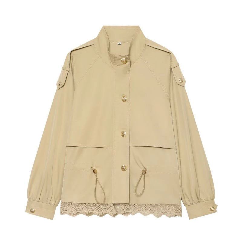 Giacca da donna con colletto a revers, cintura in vita, spalle scese, modello corto cargo, stile trench, abbigliamento quotidiano alla moda Meilaid.