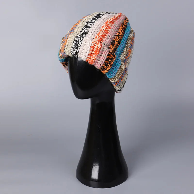 Cappello da donna in lana lavorata a maglia con ago fatto a mano in stile giapponese da uomo Cappello invernale a righe in lana colorata con protezione per le orecchie calda