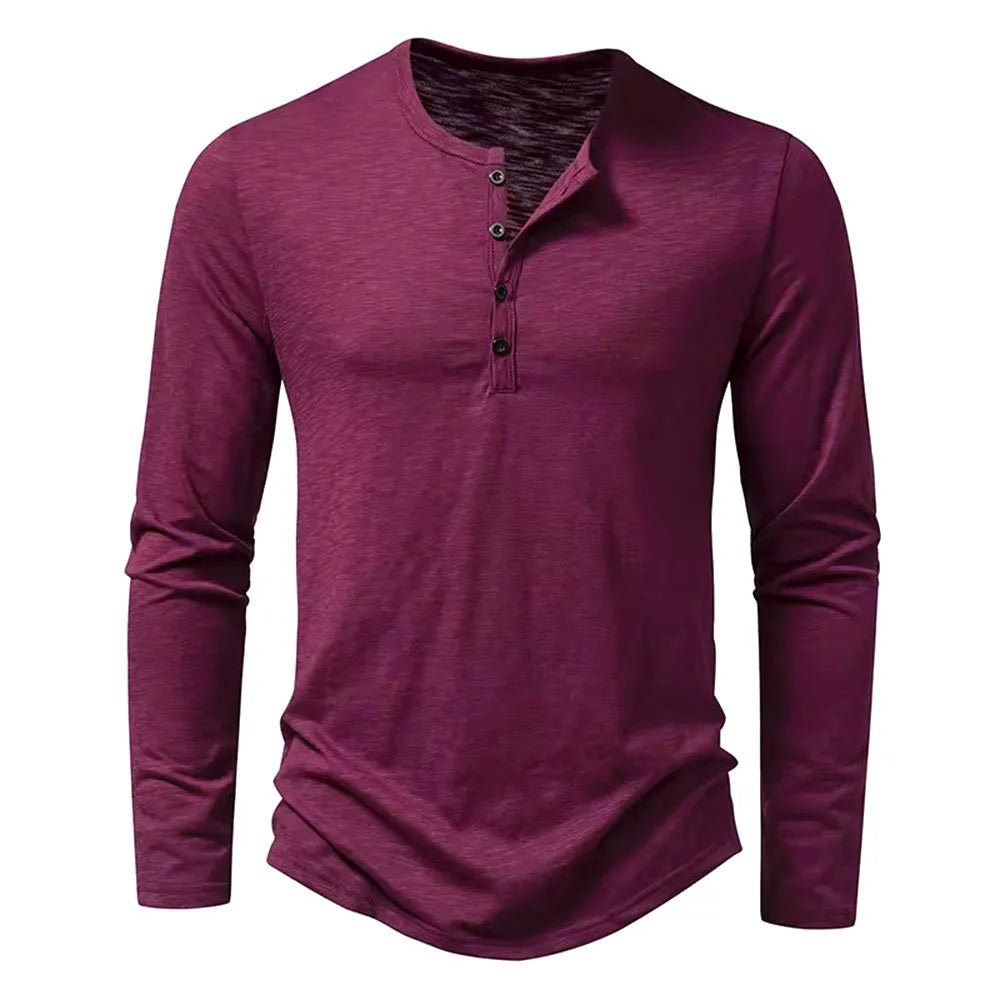 Camicia da uomo in cotone con bottoni e collo a Henley, manica lunga, bottoni casual, tinta unita, magliette alla moda