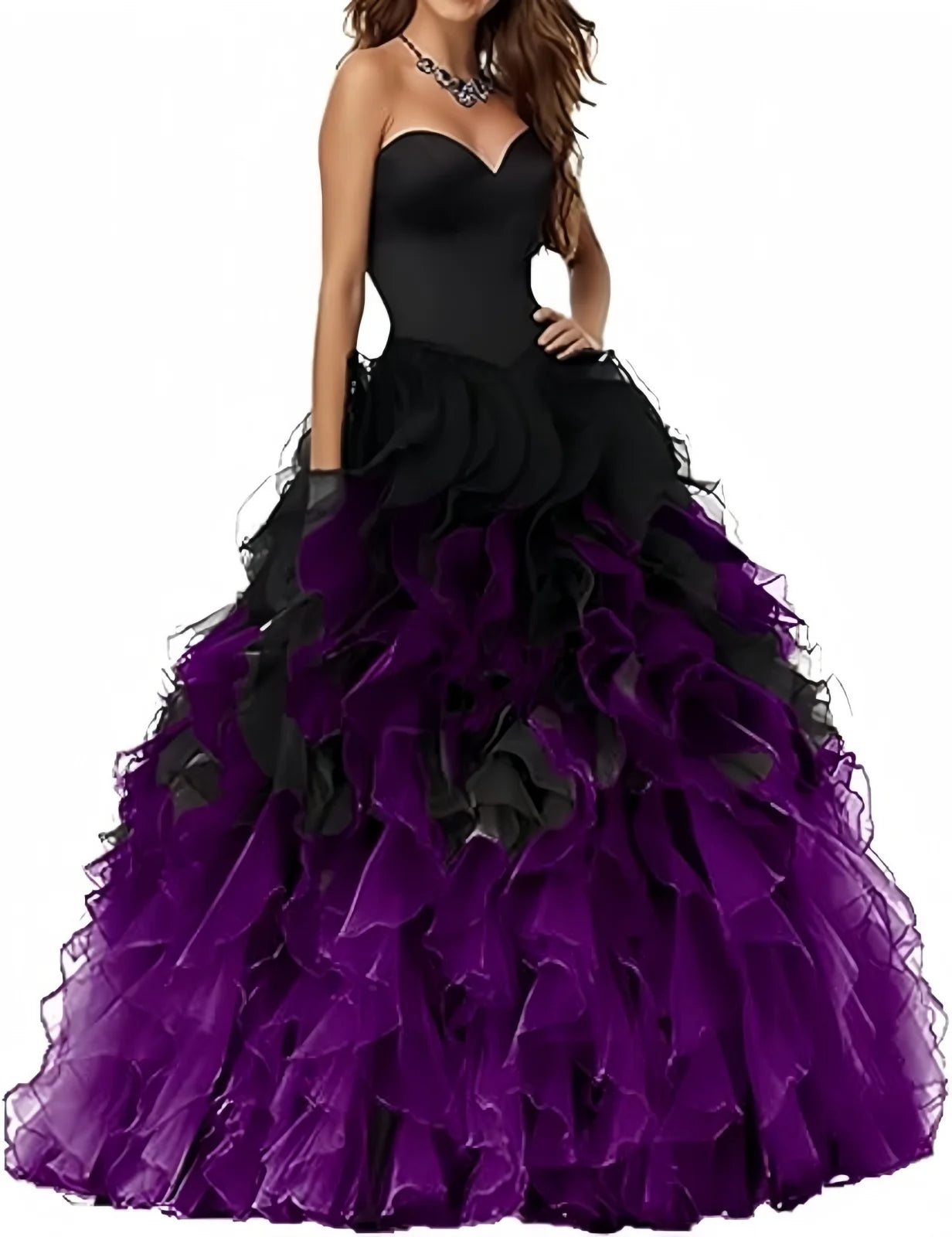Abito Quinceanera in organza senza spalline con volant Abiti da ballo Abito da ballo lungo gonfio con scollo a cuore Ombre Abito da cocktail da sposa