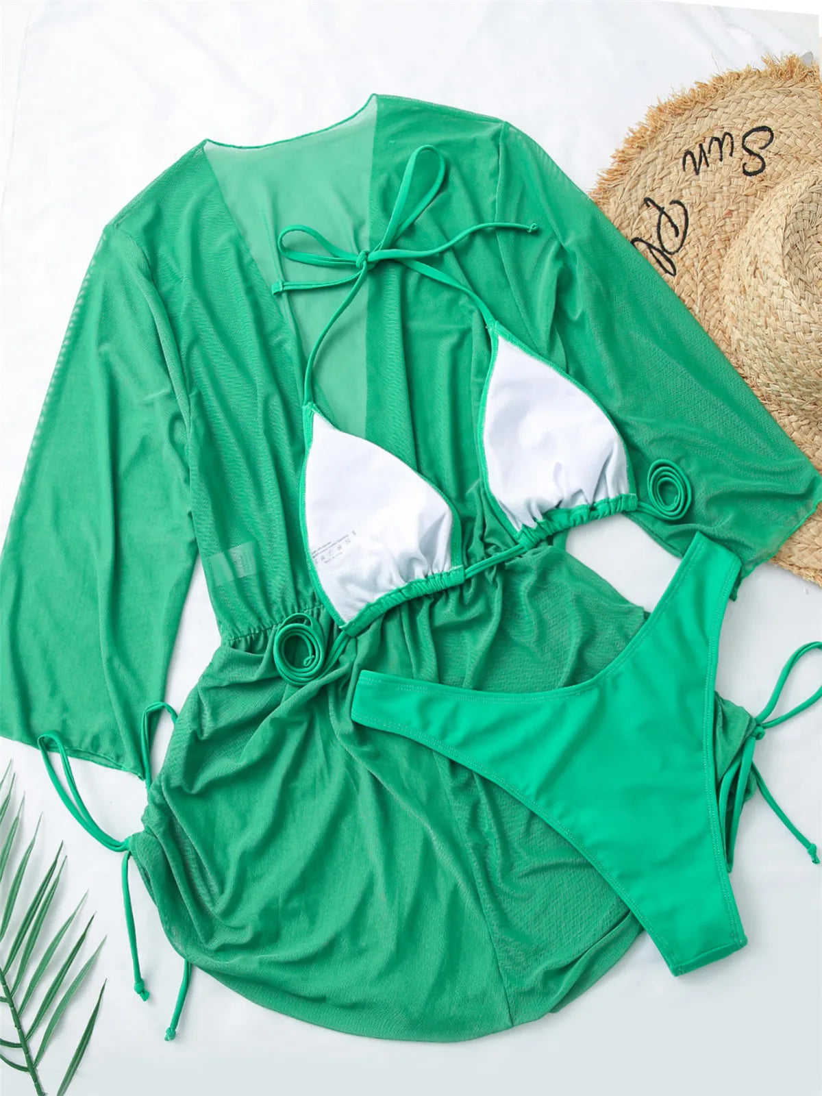 Costume da bagno sexy a maniche lunghe con copricostume, set bikini da donna bianco e nero, vestito in rete push-up, costume da bagno a 3 pezzi, perizoma, collezione 2026