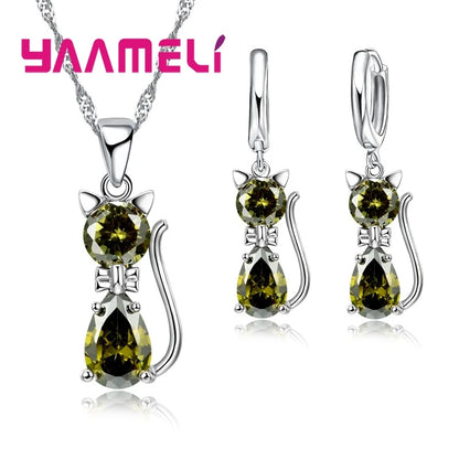 Set di gioielli in vero argento sterling 925 per donna ragazza brillante cristallo austriaco collana con ciondolo gatto carino orecchino Huggie
