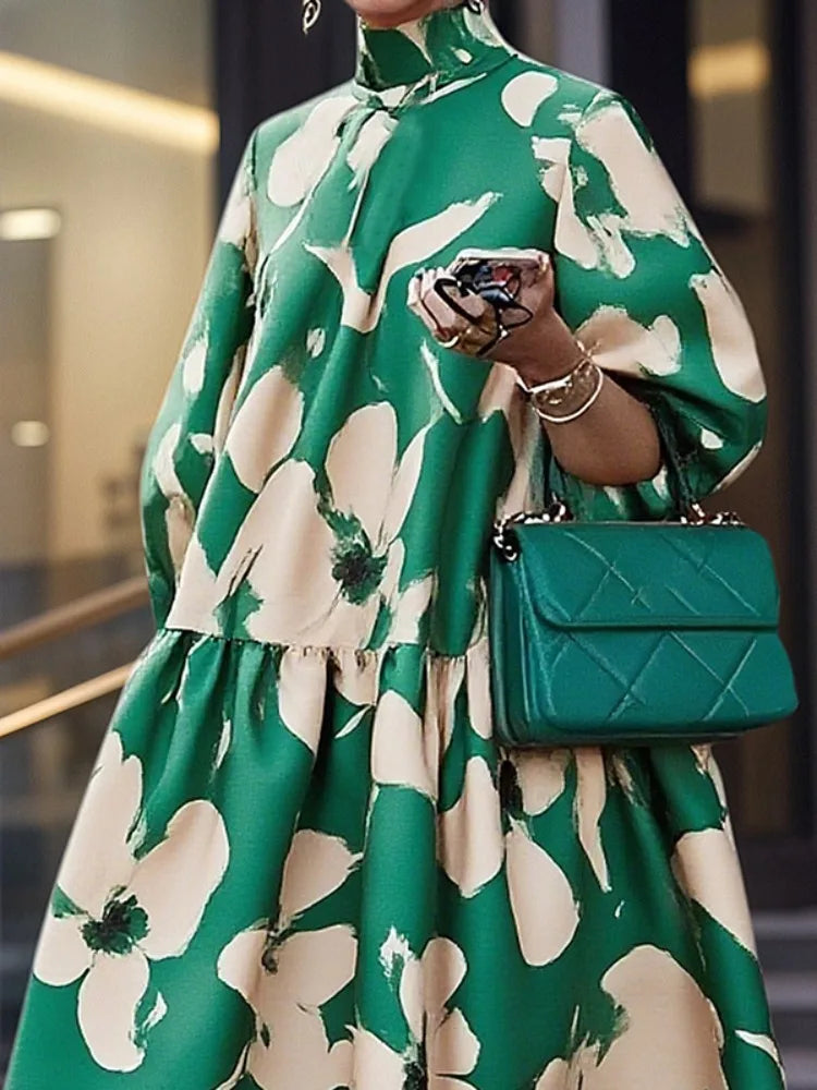 Yeezzi Abito longuette da sera con collo alto stampato floreale da donna, maniche a sbuffo, ampio ed elegante, abito a pieghe per banchetti nuziali