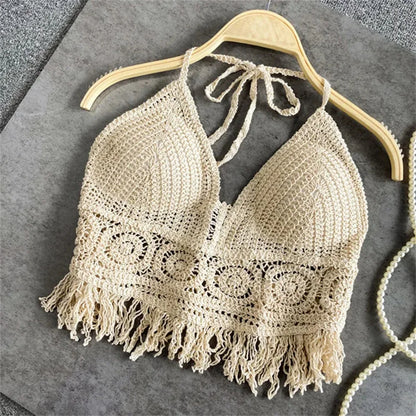 Damen Sommer Strand Boho Crop Tops Sexy Y2K Gestrickte Rückenfreie Tank Tops Häkeln Quasten Saum Neckholder BHs Bustier Top