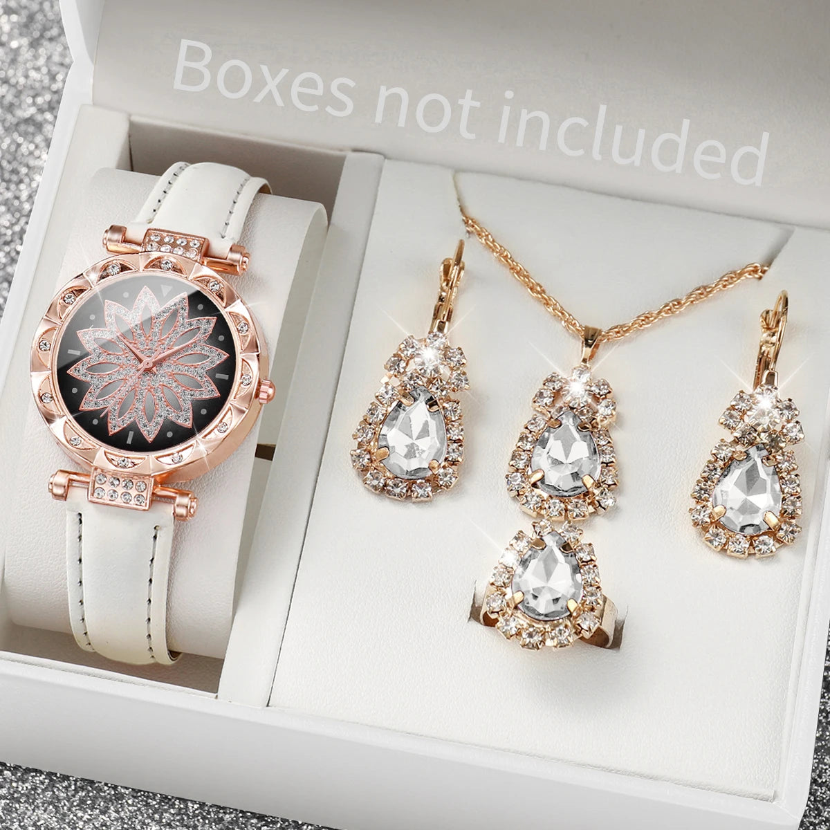 5 pz/set moda donna orologio quadrante fiore orologi al quarzo cinturino in pelle orologi da polso Set di gioielli con strass (senza scatola)