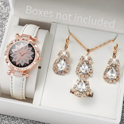 5 pz/set moda donna orologio quadrante fiore orologi al quarzo cinturino in pelle orologi da polso Set di gioielli con strass (senza scatola)