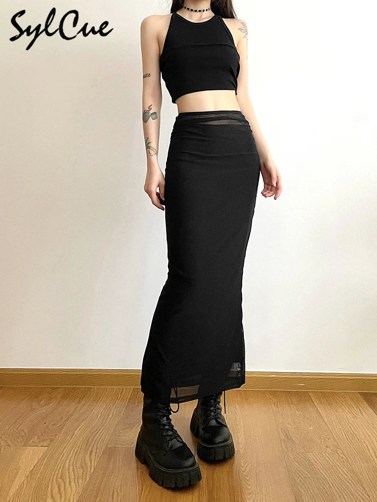 Sylcue Nero Semplice Tutto-fiammifero Casual Pendolari Estate Viaggi di Strada Fresco Gioventù Vitalità Stretto Sexy Gonna da Donna ad Alta Elasticità