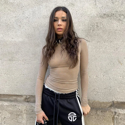 T-shirt d'été pour femme - Col rond - Coupe ajustée - Style européen et américain - Perspective sexy - Manches longues - Hauts - Vêtements pour femme