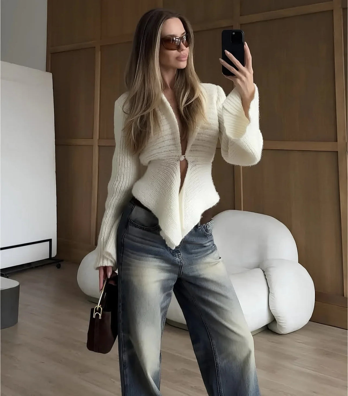 Tuularose Autunno Cardigan lavorato a maglia da donna New Vintage scava fuori maglione a maniche lunghe 2025 Casual Streetwear Top in maglia bianca femminile