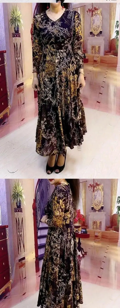 Abito lungo stampato floreale moda casual Abbigliamento femminile Elegante scollo a V Primavera Autunno A-Line Vita Abiti vintage a maniche lunghe