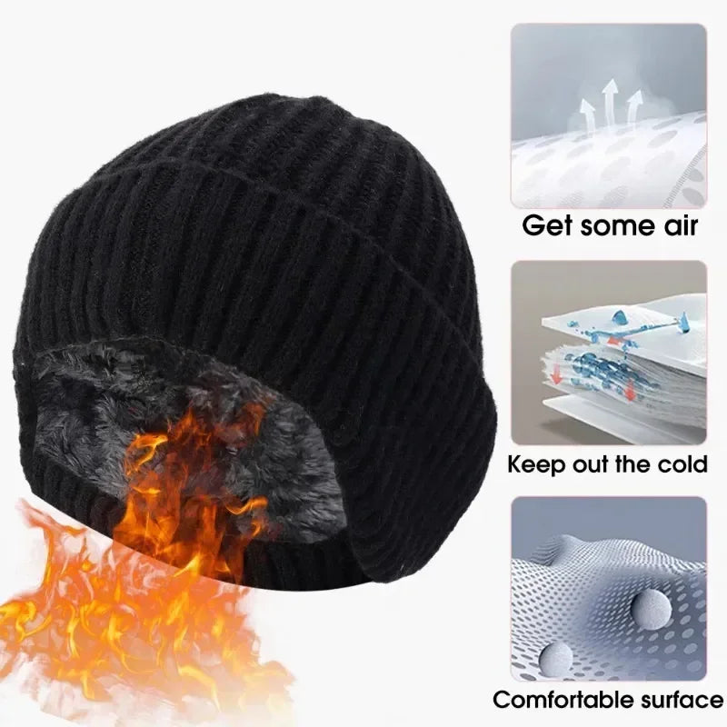Cappello lavorato a maglia invernale da uomo all'aperto Peluche Calore Berretto con visiera Paraorecchie Moda casual Foderato in pelliccia sintetica Cappelli bomber Protezione per le orecchie da ciclismo