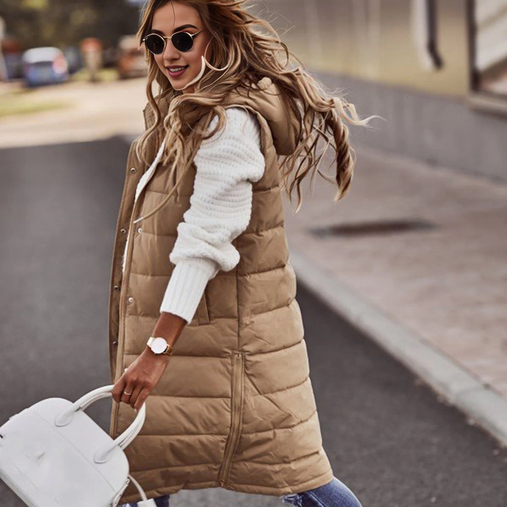 Gilet lungo da donna con cappuccio autunno inverno senza maniche in cotone caldo piumino gilet trapuntato piumino Outwear 2XL