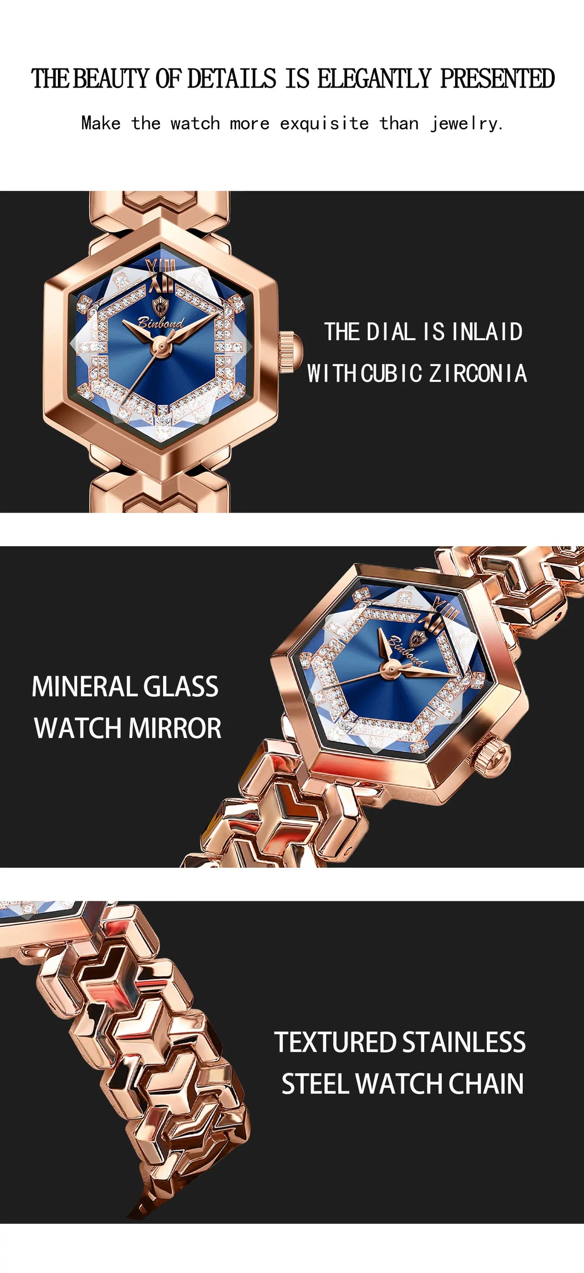 BINBOND Orologi da donna eleganti delle migliori marche Orologio da polso da donna con specchio a rombo alla moda Orologio al quarzo originale con quadrante con diamanti impermeabile