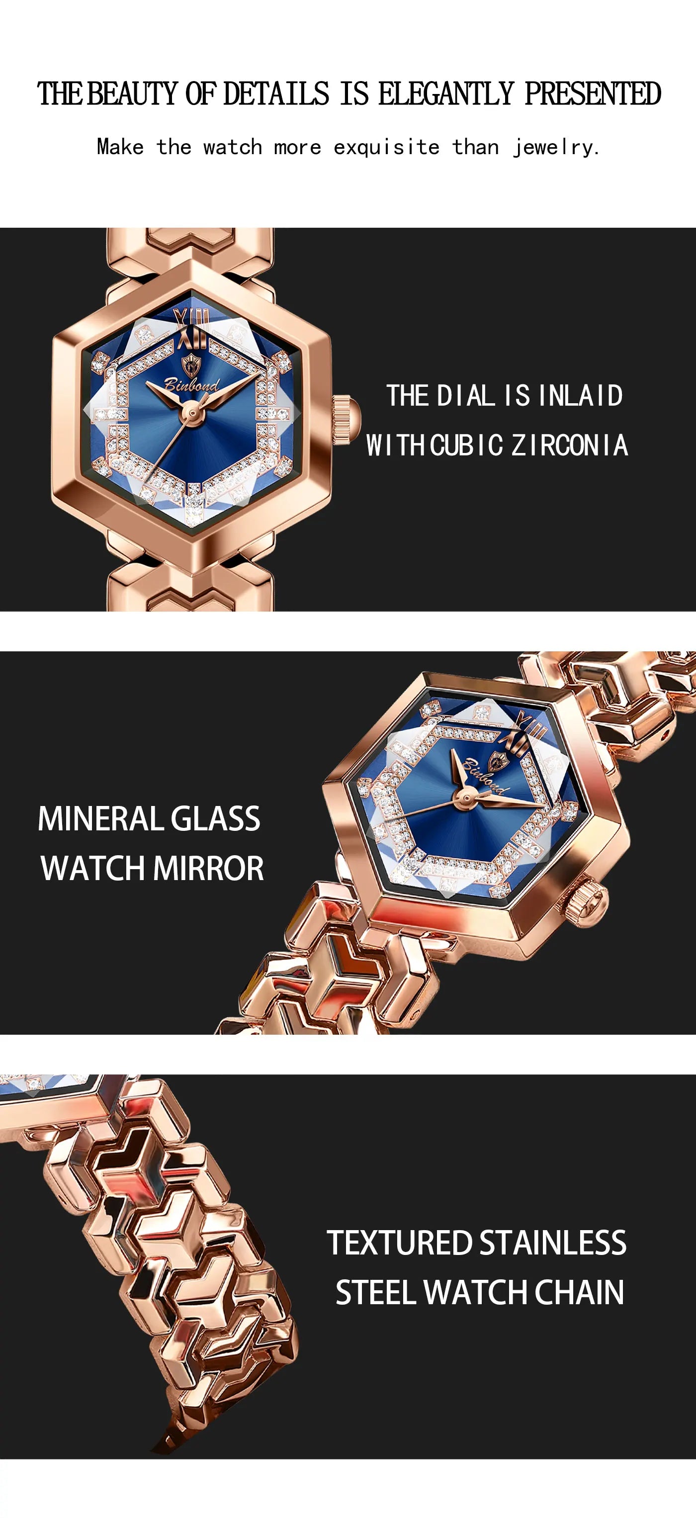 BINBOND Orologi da donna eleganti delle migliori marche Orologio da polso da donna con specchio a rombo alla moda Orologio al quarzo originale con quadrante con diamanti impermeabile