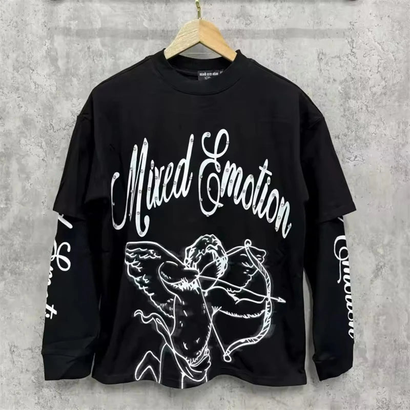 EMOTIONE MISTA T-shirt a maniche lunghe Uomo Donna High Street Stampa completa 100% cotone Girocollo Hip Hop Top oversize