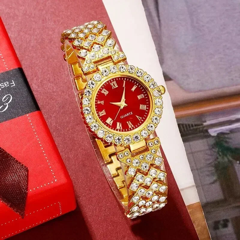 Orologio di lusso dorato da donna anello collana orecchino strass moda orologio da polso Casual da donna bracciale orologi Set di gioielli