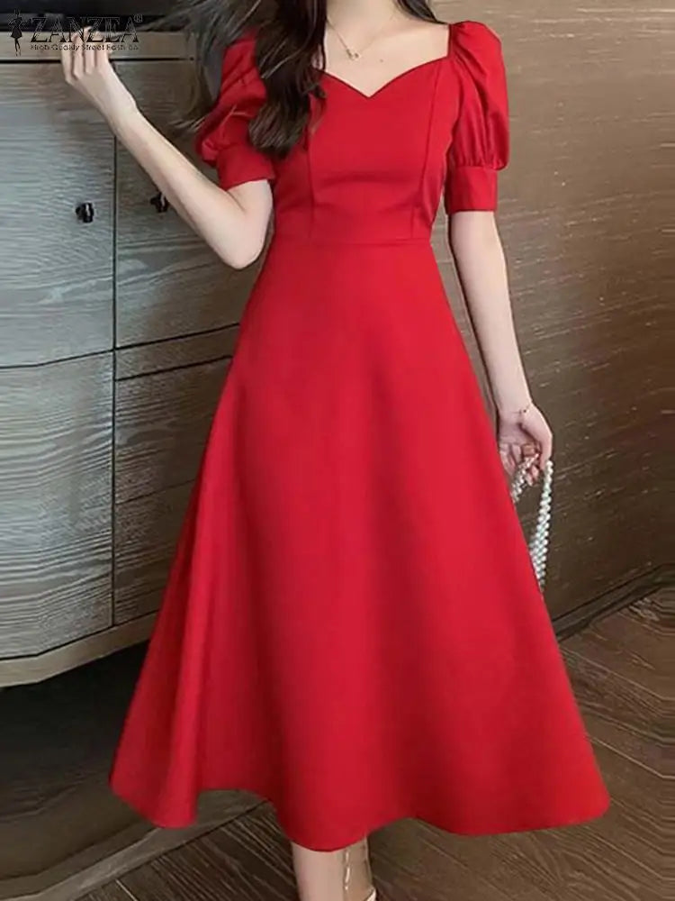 ZANZEA Vita elegante Abiti da festa Abito da sera vintage Donna Puff Manica corta A-line Robe 2024 Abiti da sposa estivi Midi