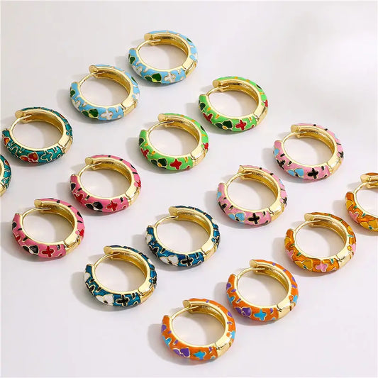 HECHENG, Orecchini a cerchio piccoli con fiori smaltati vintage Dichiarazione geometrica alla moda Cerchio rotondo Huggie Orecchino Gioielli di moda Brincos