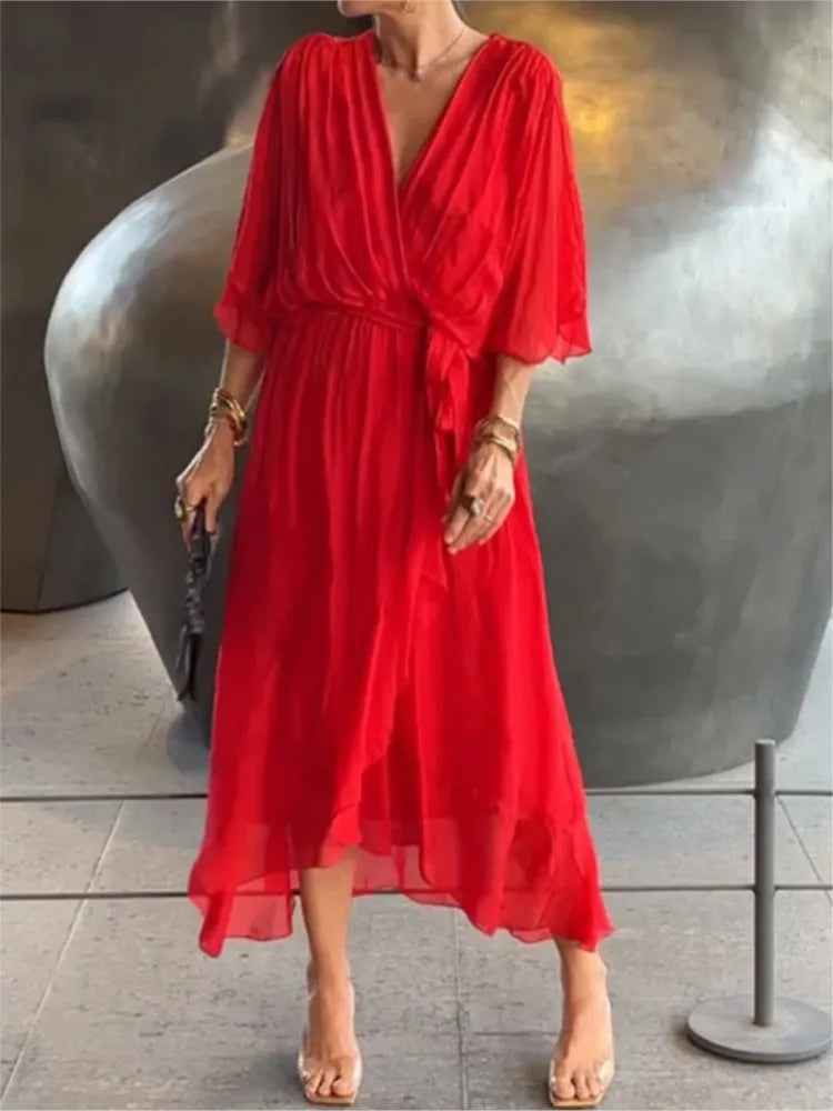 Abiti da festa eleganti in chiffon solido per le donne Sexy scollo a V maniche a pipistrello Lace Up Ruffles Abito lungo irregolare Abito casual Femme