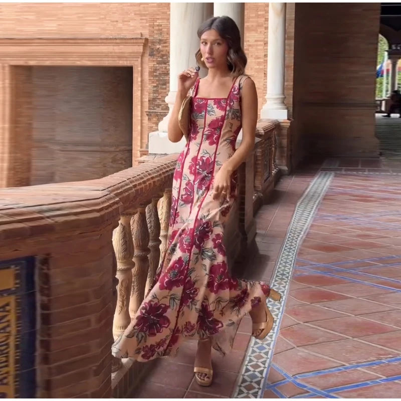 Abito Lungo da Donna con Stampa, Scollo a V, Maniche a Campana, Bordo a Foglia di Loto, Vita Alta, Vestito Maxi Aderente, Elegante Abito da Sera per Feste