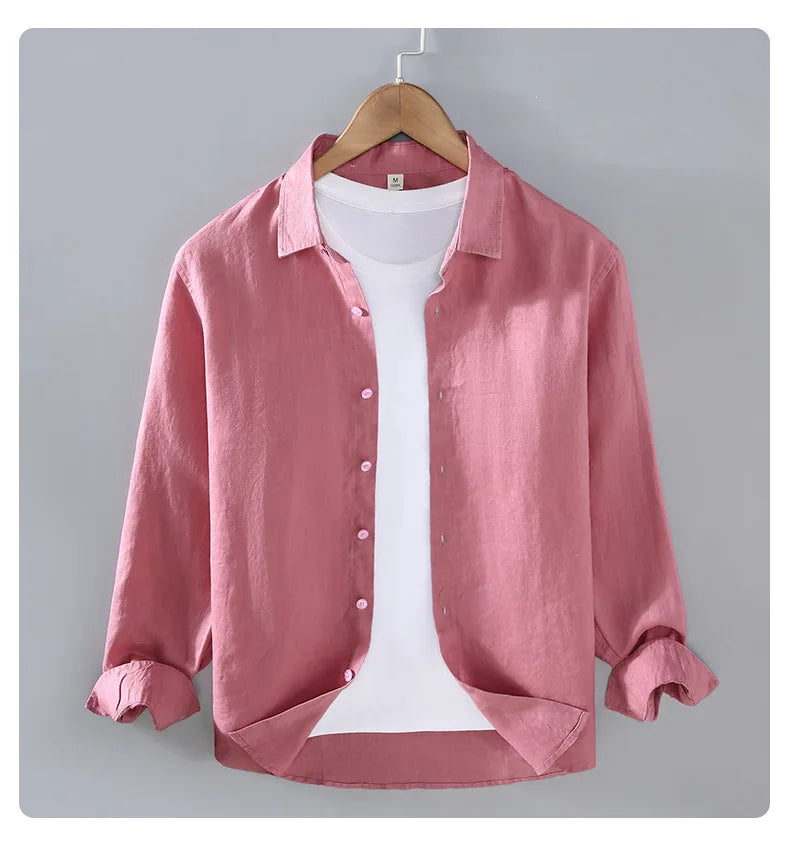 Camicia a maniche lunghe in lino 100% per uomo Primavera Autunno Moda Buona qualità Tinta unita Sottile e traspirante Camicetta con risvolto sano Top maschile