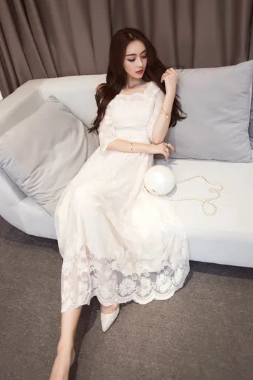 Abito femminile lungo bianco ricamo maxi compleanno manica da donna abiti in pizzo casual gioventù sensuale sexy curvy designer intero