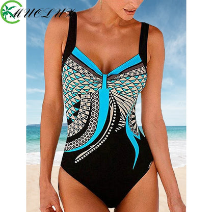 2024 Vintage One Piece Swimsuit Women Swimwear Tummy Control Monokini Sexy Bodysuit Print BathingSuit Female Beachwear Plus Size