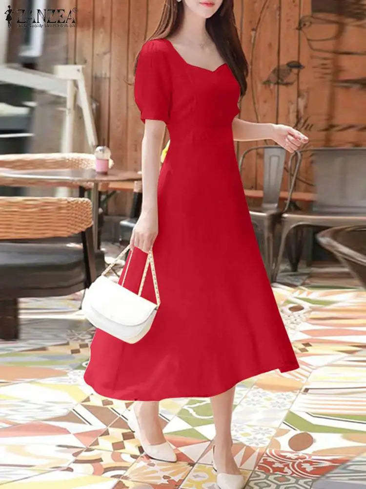 ZANZEA Vita elegante Abiti da festa Abito da sera vintage Donna Puff Manica corta A-line Robe 2024 Abiti da sposa estivi Midi