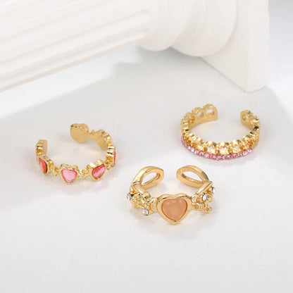 Set da 3 pezzi Anelli a forma di cuore d'amore per donne Ragazze Luce di lusso dolce strass Anello di apertura Regali di gioielli per feste di nozze di moda