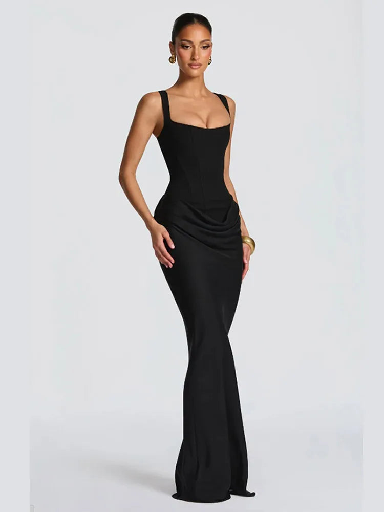 Abito da sera elegante da donna sexy, monocolore, plissettato, senza spalline, scollo a V, spalle scoperte, senza schienale, vita alta, con spacco, 2026
