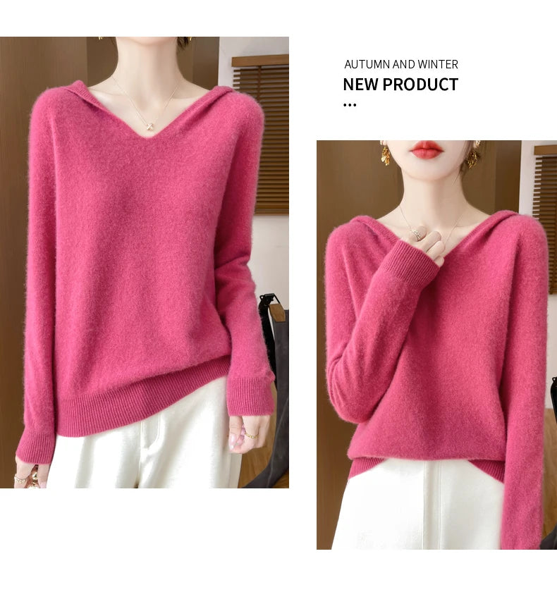 Abbigliamento donna autunno inverno colletto con cappuccio pullover maglione di lana merino 100% nuova moda top in cashmere che tocca il fondo maglieria morbida