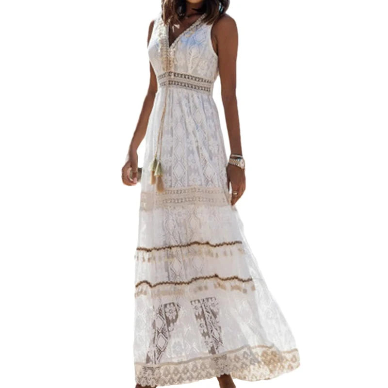 Women Summer Elegant Bohemian Maxi Dress Sleeveless Lace Trimmed Flared Dress Casual V-Neck Evening Party Long Dresses