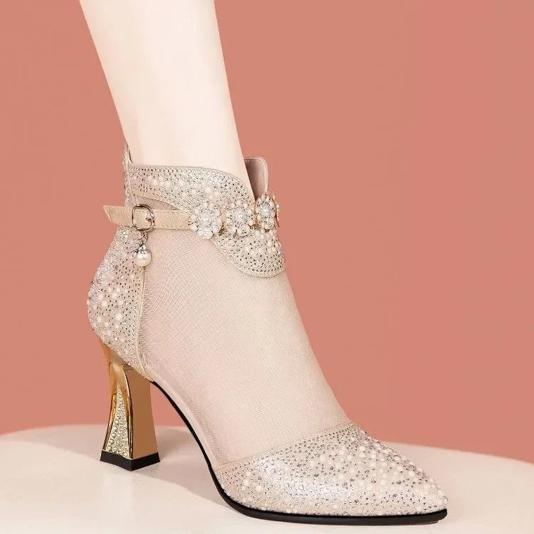 2024 estate nuove donne moda a punta maglia traspirante strass tacco alto stile coreano comodi stivali freschi per sandali da donna