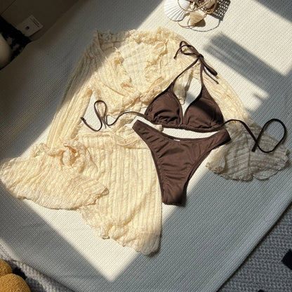 VigoCasey Sexy Set Bikini a 4 Pezzi in Rete con Copricostume, Costume da Bagno Donna 2026 con Halter Annodato e Push-Up, Costume da Spiaggia per Donna