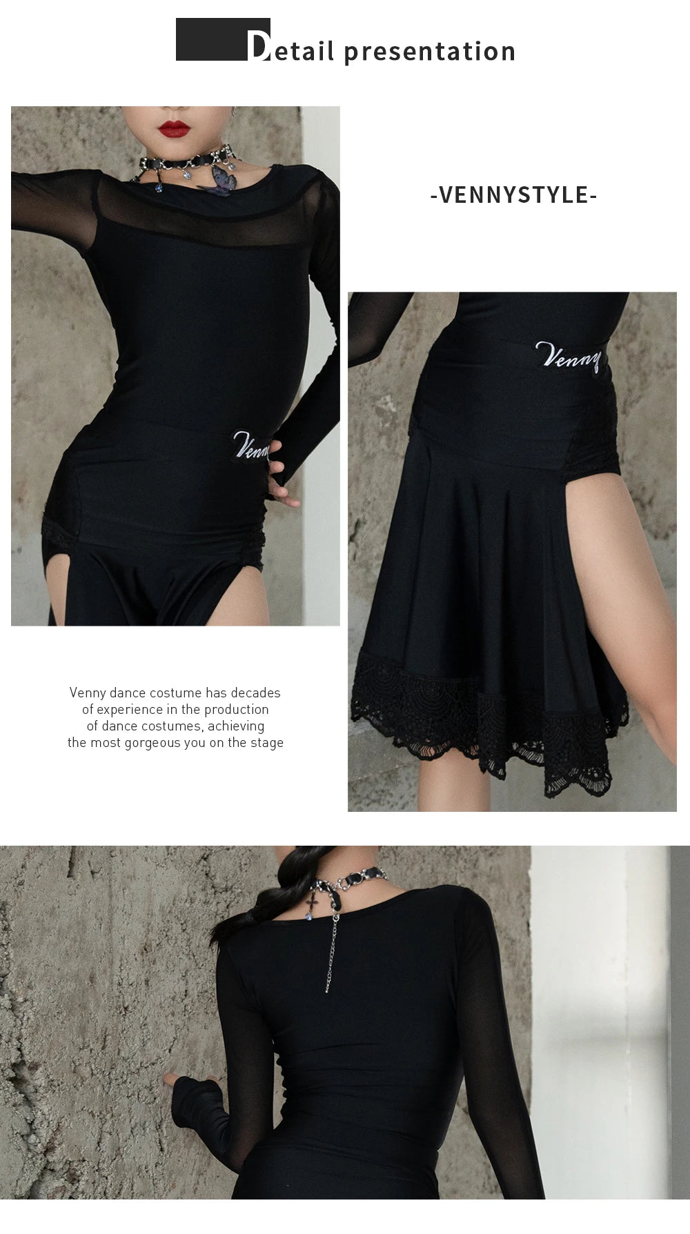 VENNY Abito da ballo latino, abito da ballo da donna moda nuovo abito da allenamento autunno e inverno manica lunga in pizzo diviso