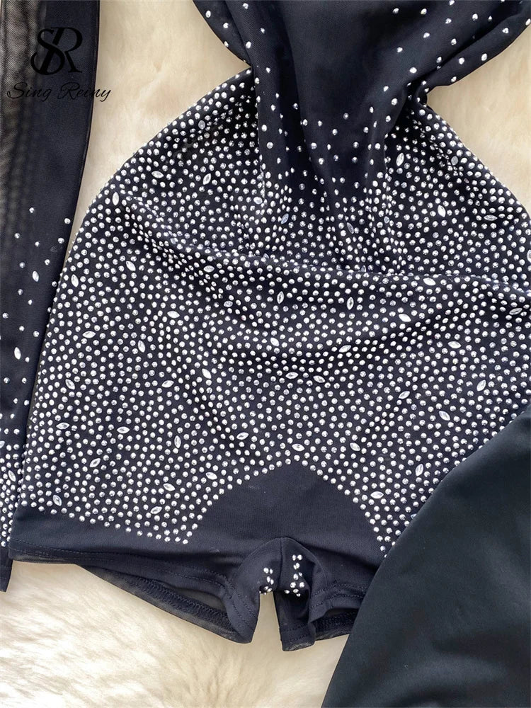 SINGREINY Estate Sottile Sheer Sexy Body Manica Lunga Cerniera Con Pantaloncini Design Pagliaccetti Liste Streetwear Donna Maglia Tute
