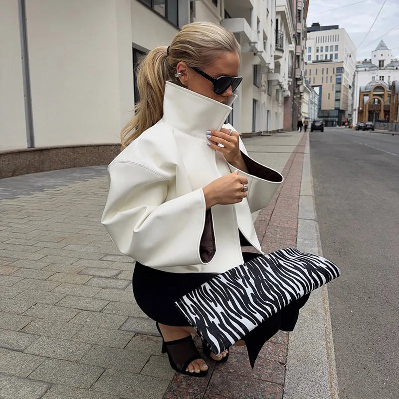 Cappotto da donna ampio a tinta unita, a maniche lunghe, con collo alto, top corto, moda estiva autunnale 2026, capospalla femminile streetwear