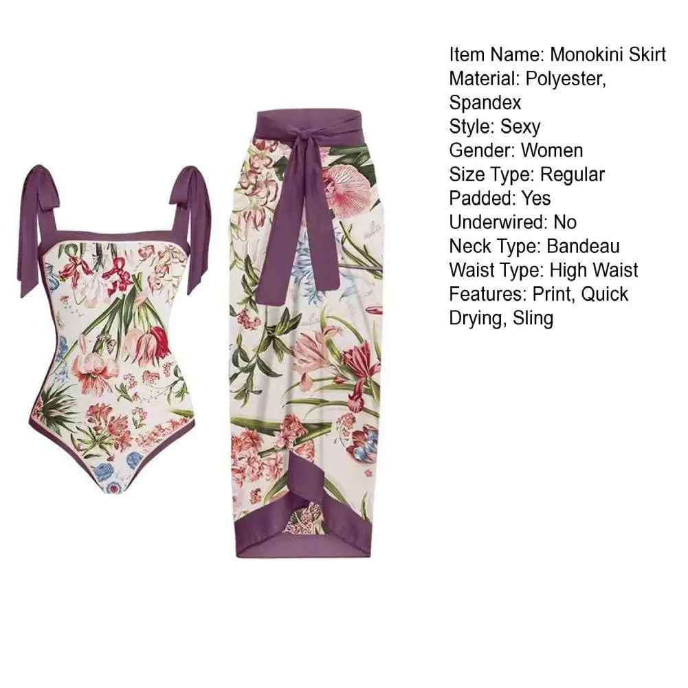 2 pezzi/set costume monokini da donna stampa vintage costume intero con cravatta al collo quadrato con gonna costume da bagno da donna con copertura da spiaggia