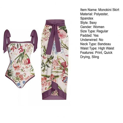 2 pezzi/set costume monokini da donna stampa vintage costume intero con cravatta al collo quadrato con gonna costume da bagno da donna con copertura da spiaggia