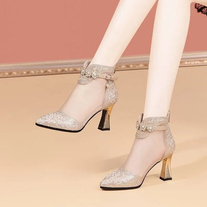 2024 estate nuove donne moda a punta maglia traspirante strass tacco alto stile coreano comodi stivali freschi per sandali da donna