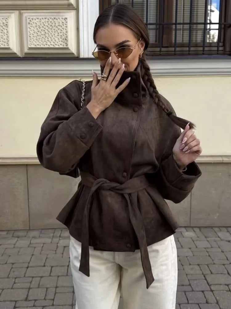Giacche Invernali da Donna con Cintura, Nuova Collezione Autunno 2026, Collo Alto, Maniche Lunghe, Bottoni, Tasche, Giacca in Finta Pelle Scamosciata, Cappotti Chic da Donna