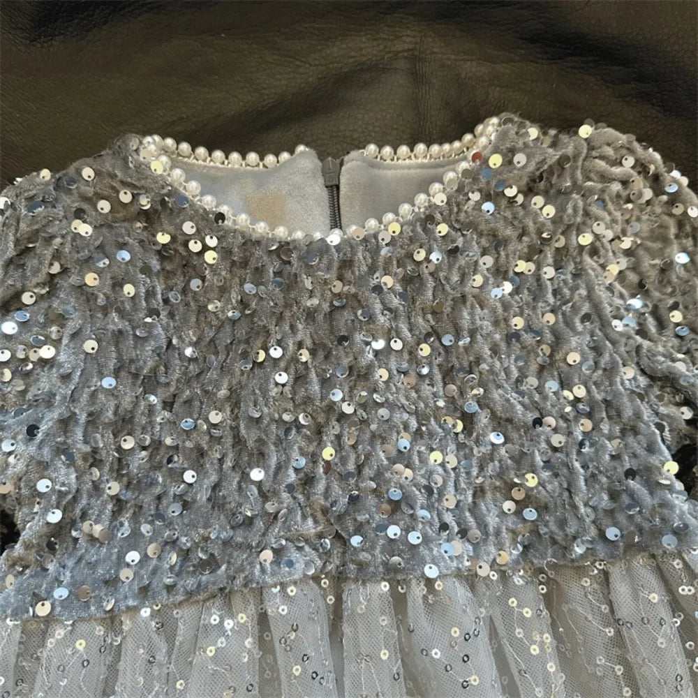 Abiti da ragazza Moda autunnale Nuova maglia patchwork con paillettes Abito da principessa a maniche lunghe Tinta unita Abbigliamento per bambini di Capodanno