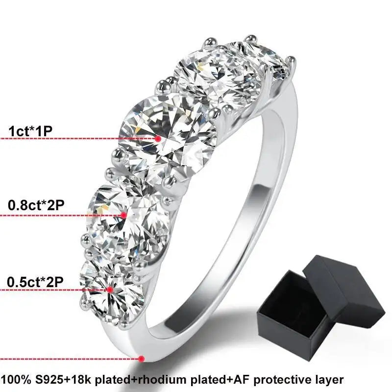3.6CT Tutti gli anelli Moissanite per le donne 5 pietre scintillanti Dia Wedding Band Gioielli in argento sterling 100%